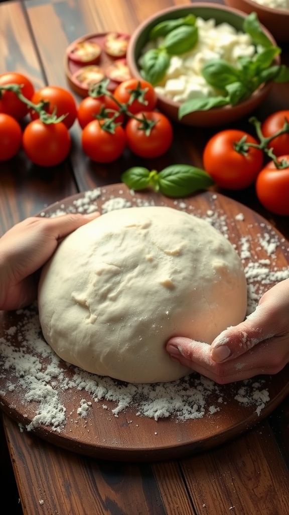 Fresh pizza dough made with 00 flour on a floured countertop, surrounded by pizza toppings.